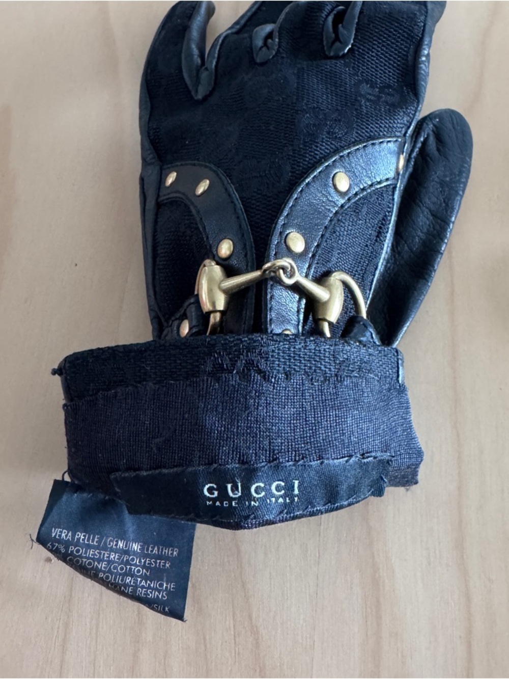 Gucci Leather & Canvas Gloves with Gold Horsebit - Picture 3 of 5